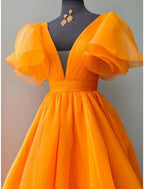 NumberSea - Ball Gown Evening Gown Celebrity Style Dress Wedding Party Floor Length Short Sleeve V Neck Fall Wedding Guest Organza with Pleats Ruffles