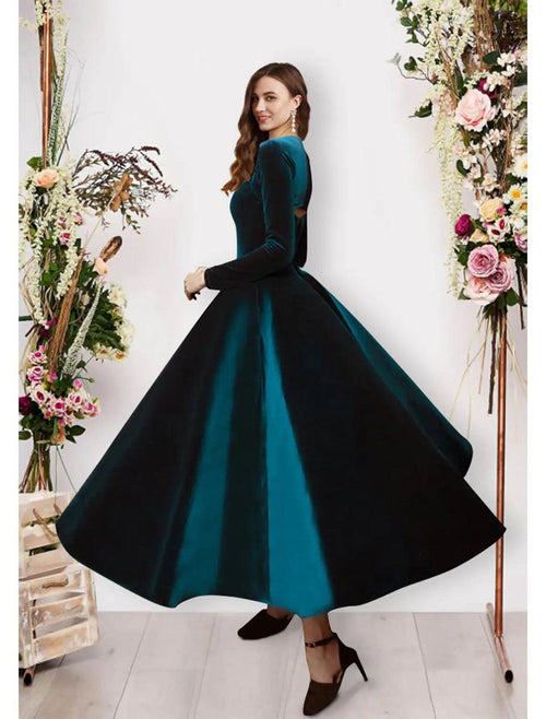 NumberSea - Ball Gown Evening Gown Vintage Dress Prom Ankle Length Long Sleeve Square Neck Velvet with Pure Color