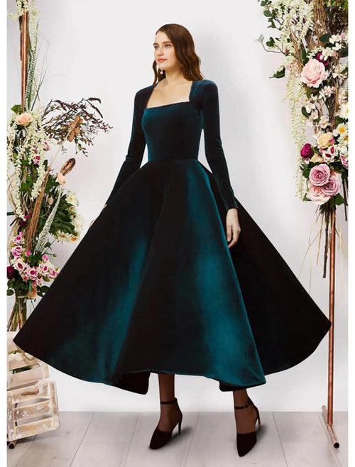 NumberSea - Ball Gown Evening Gown Vintage Dress Prom Ankle Length Long Sleeve Square Neck Velvet with Pure Color