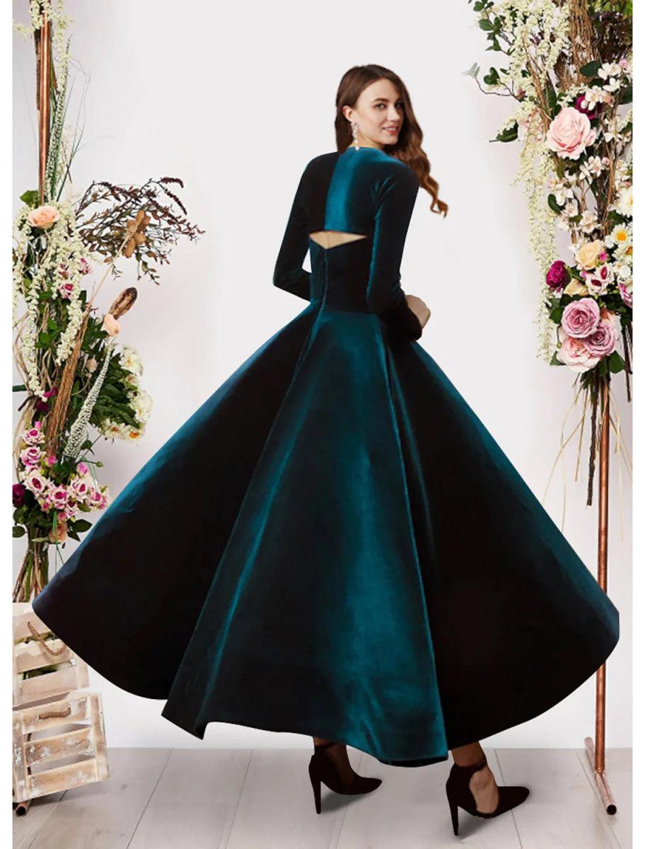 NumberSea - Ball Gown Evening Gown Vintage Dress Prom Formal Evening Ankle Length Long Sleeve Square Neck Velvet with Pure Color
