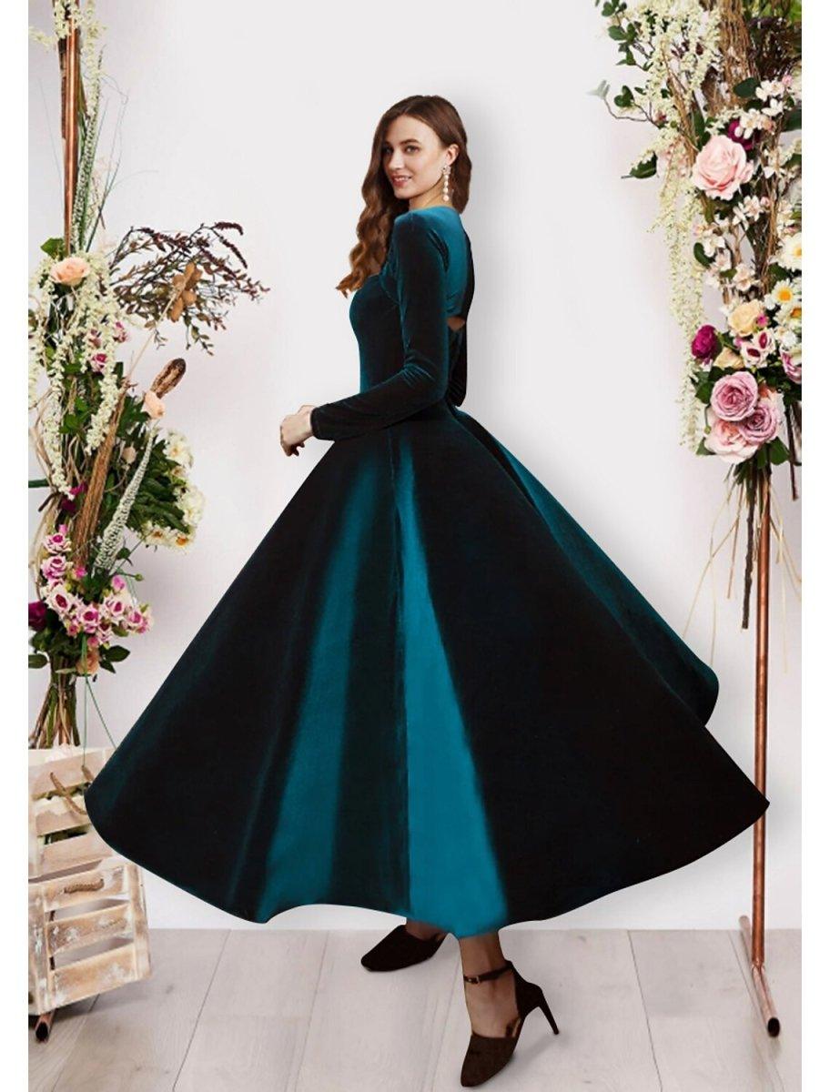 NumberSea - Ball Gown Evening Gown Vintage Dress Prom Formal Evening Ankle Length Long Sleeve Square Neck Velvet with Pure Color