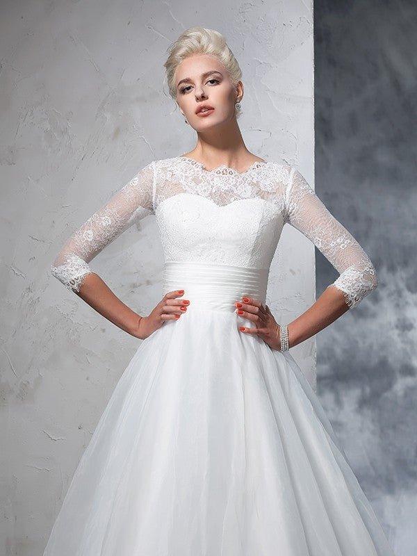 NumberSea - Ball Gown Jewel Applique 3/4 Sleeves Long Organza Wedding Dresses