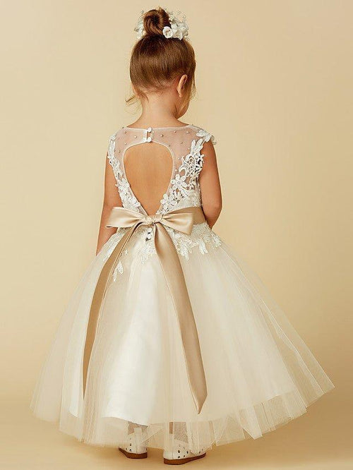 NumberSea - Ball Gown Lace Tulle Sleeveless Jewel Neck Wedding Party Pageant Flower Girl Dresses