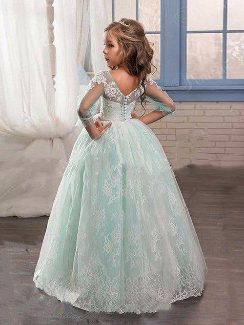 NumberSea - Ball Gown Lace Tulle Sweep Brush Train Wedding Party Flower Girl Dresses with Sleeves