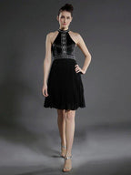 NumberSea - Ball Gown Little Black Dress Dress Holiday Knee Length Sleeveless High Neck Chiffon with Pleats Beading