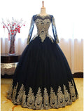 NumberSea - Ball Gown Luxurious Vintage Quinceanera Formal Evening Dress Jewel Neck Long Sleeve Floor Length Lace with Appliques