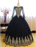 NumberSea - Ball Gown Luxurious Vintage Quinceanera Formal Evening Dress Jewel Neck Long Sleeve Floor Length Lace with Appliques