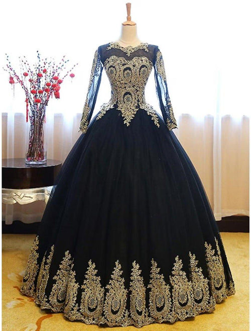 NumberSea - Ball Gown Luxurious Vintage Quinceanera Formal Evening Dress Jewel Neck Long Sleeve Floor Length Lace with Appliques