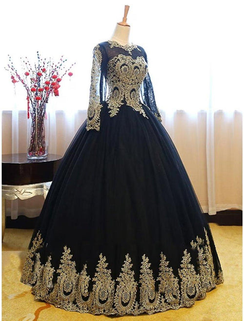 NumberSea - Ball Gown Luxurious Vintage Quinceanera Formal Evening Dress Jewel Neck Long Sleeve Floor Length Lace with Appliques