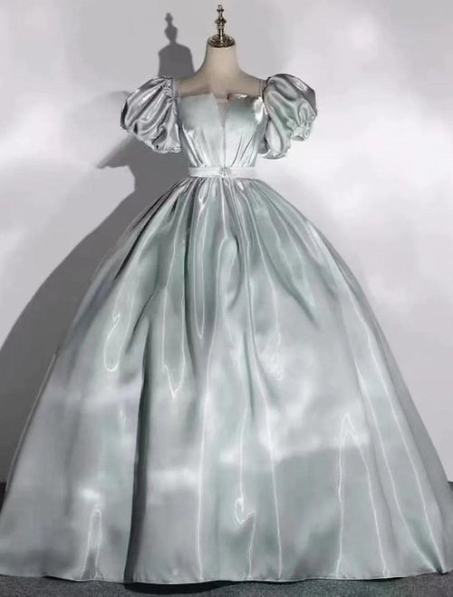NumberSea - Ball Gown Minimalist Sparkle & Shine Quinceanera Formal Evening Dress Scoop Neck Short Sleeve Floor Length Satin with Pure Color