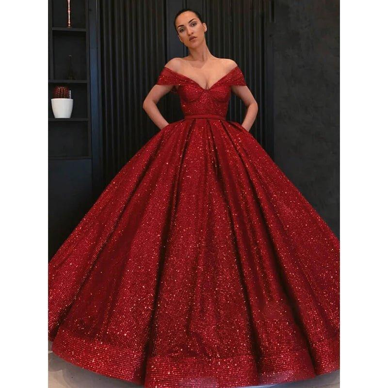 NumberSea - Ball Gown Off - the - shoulder Burgundy Sequined Long Formal Evening Dress