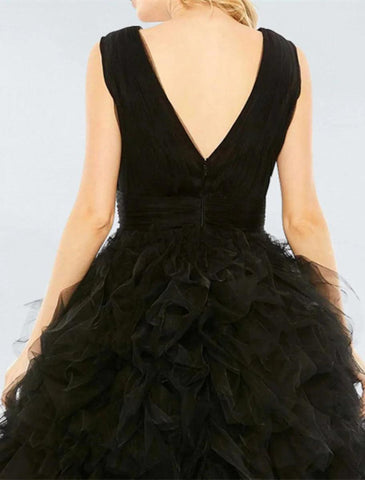 NumberSea - Ball Gown Prom Black Dress Plus Size Vintage Dress Wedding Party Birthday Tea Length Sleeveless V Neck Tulle with Pleats