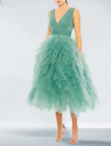 NumberSea - Ball Gown Prom Black Dress Plus Size Vintage Dress Wedding Party Birthday Tea Length Sleeveless V Neck Tulle with Pleats