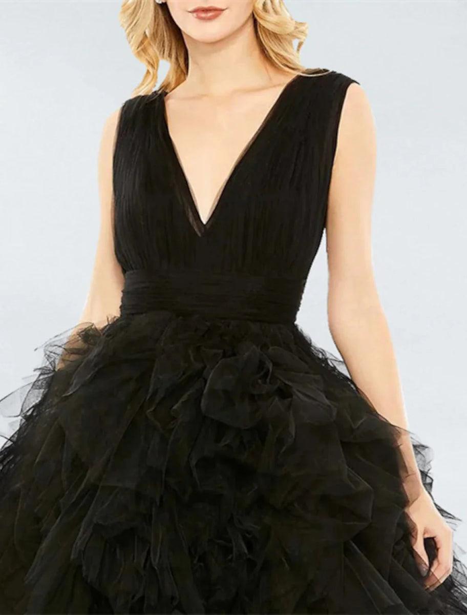 NumberSea - Ball Gown Prom Black Dress Plus Size Vintage Dress Wedding Party Birthday Tea Length Sleeveless V Neck Tulle with Pleats