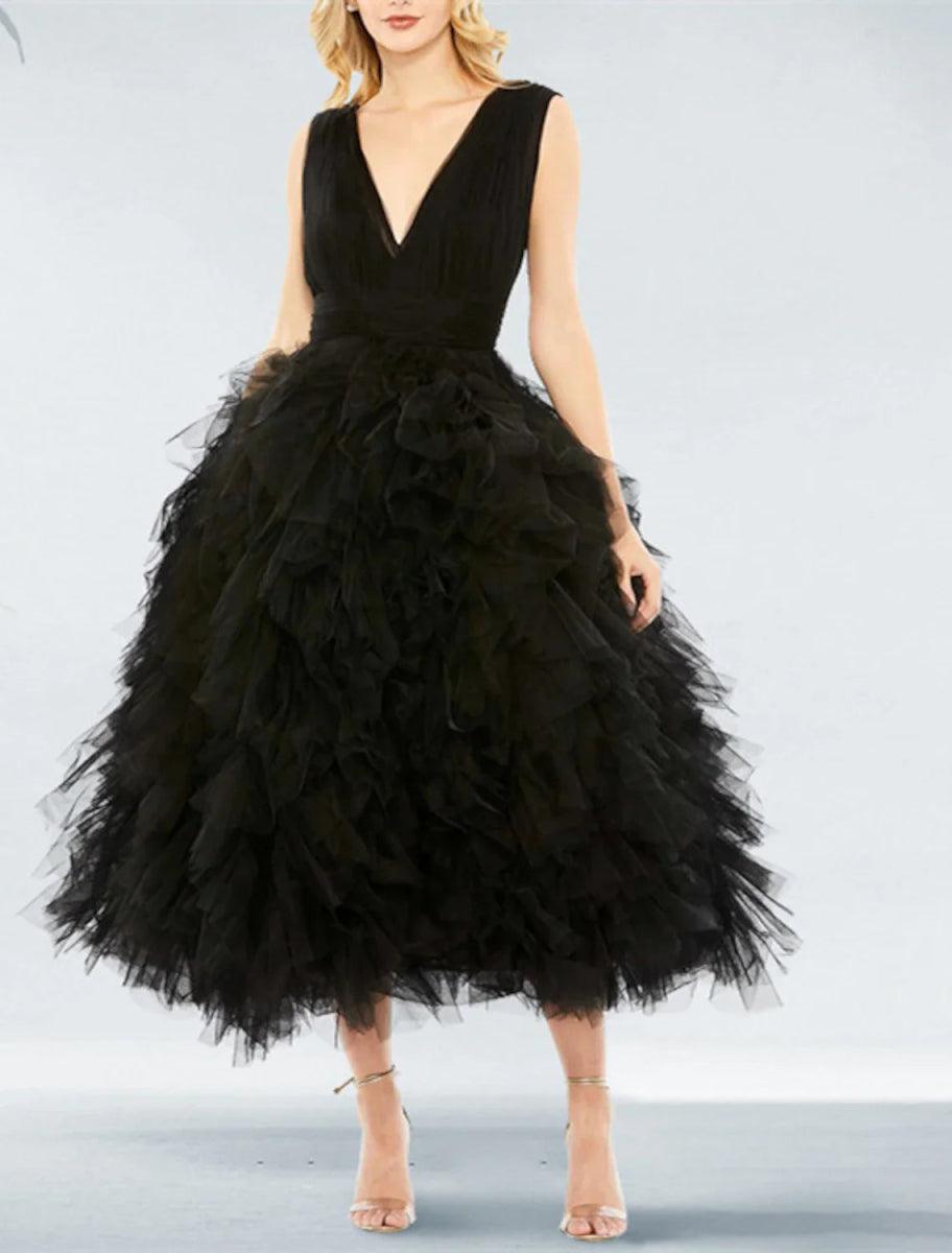 NumberSea - Ball Gown Prom Black Dress Plus Size Vintage Dress Wedding Party Birthday Tea Length Sleeveless V Neck Tulle with Pleats