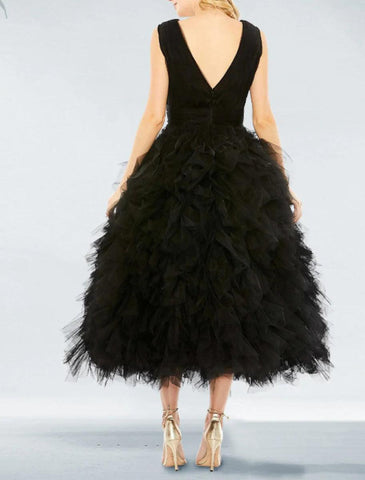 NumberSea - Ball Gown Prom Black Dress Plus Size Vintage Dress Wedding Party Birthday Tea Length Sleeveless V Neck Tulle with Pleats