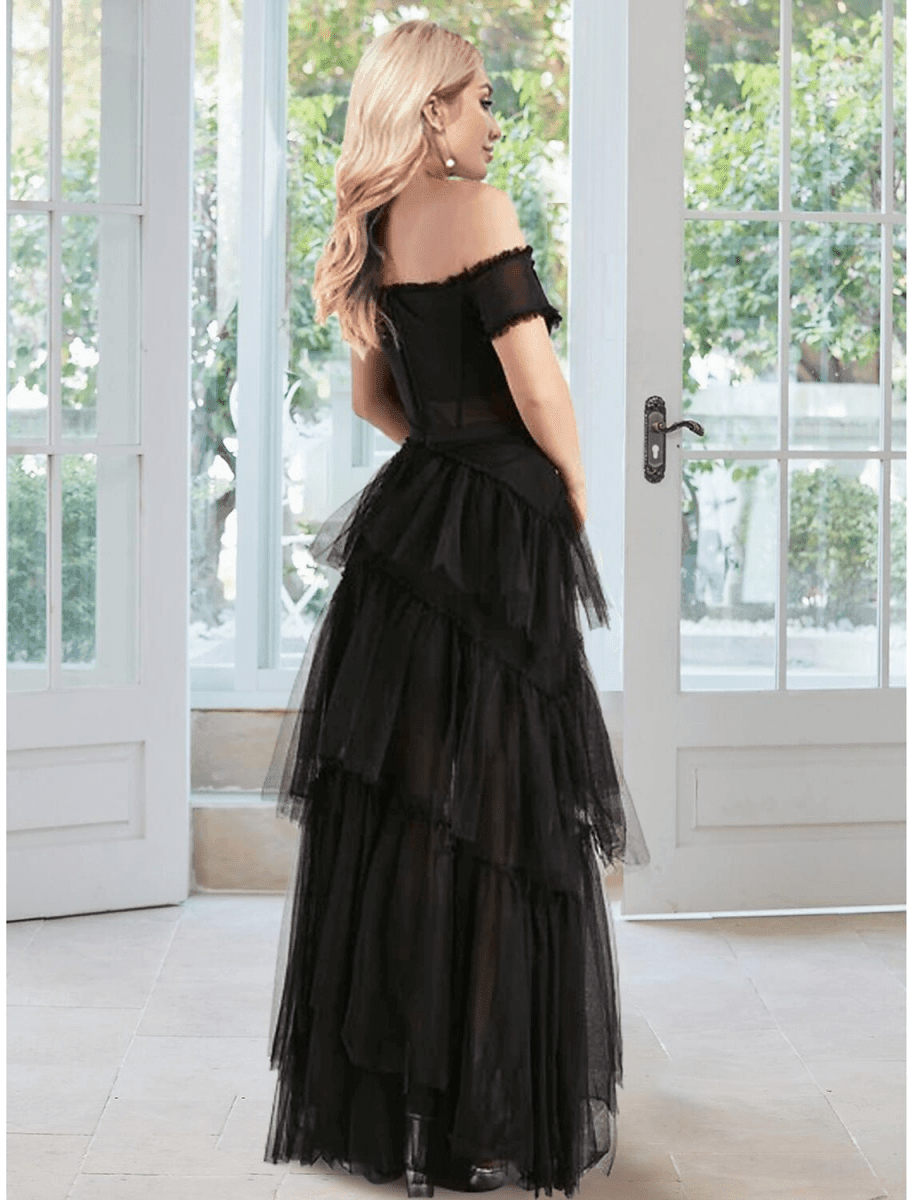 formal dresses masquerade ball NumberSea-Ball Gown Prom Corsets Dress Floor Length Sleeveless Off Shoulder Tulle with Ruffles Pure Color Size:16½ 34/35 YUMEIREN Ballroom Dance Dresses If you prefer to Hamest