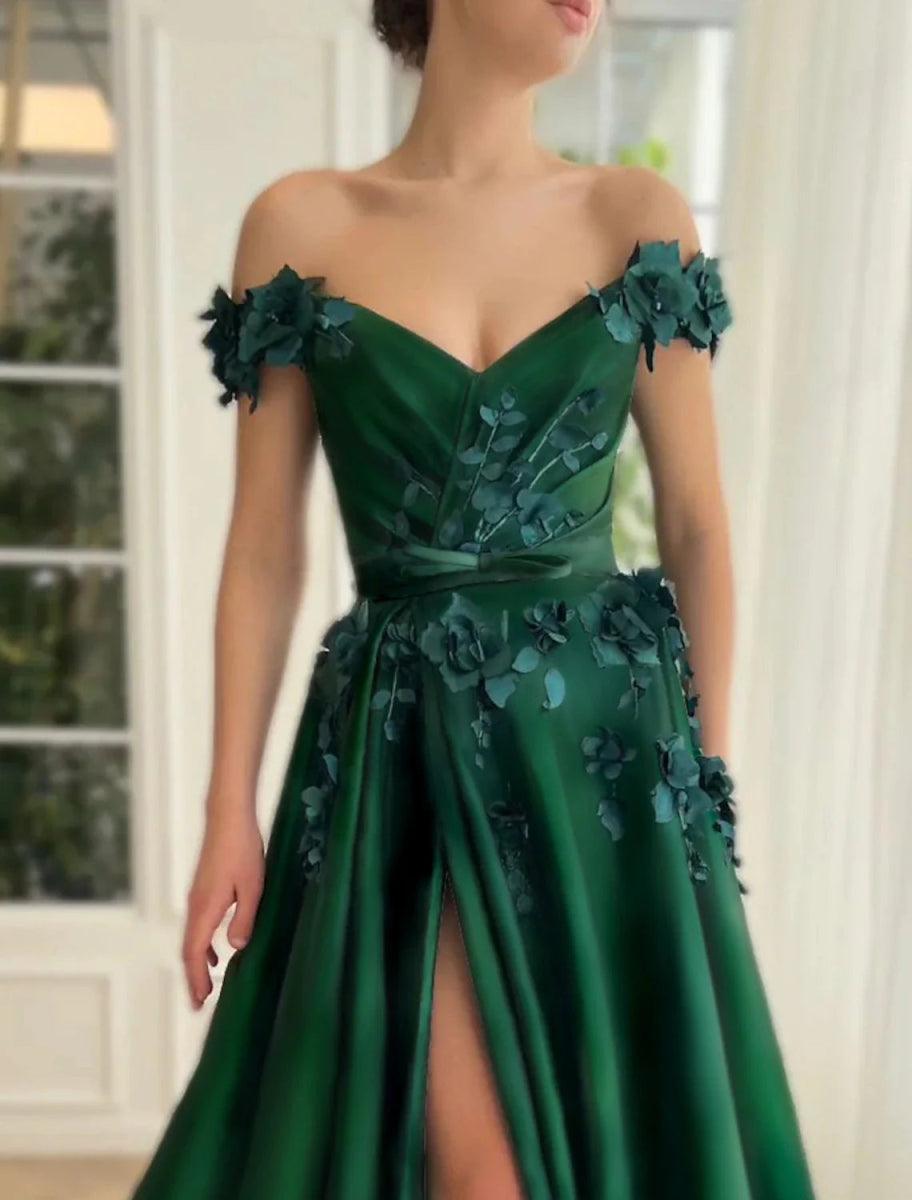 NumberSea - Ball Gown Prom Dresses Luxurious Dress Christmas Red Green Dress Wedding Party Floor Length Short Sleeve Off Shoulder Satin with Slit Appliques