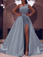 NumberSea - Ball Gown Prom Dresses Sparkle & Shine Dress Wedding Guest Evening Party Floor Length Sleeveless One Shoulder Detachable Satin with Bow(s) Sequin Slit