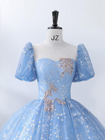NumberSea - Ball Gown Quinceanera Dresses Princess Dress Performance Floor Length Short Sleeve Square Neck Polyester with Pearls Appliques