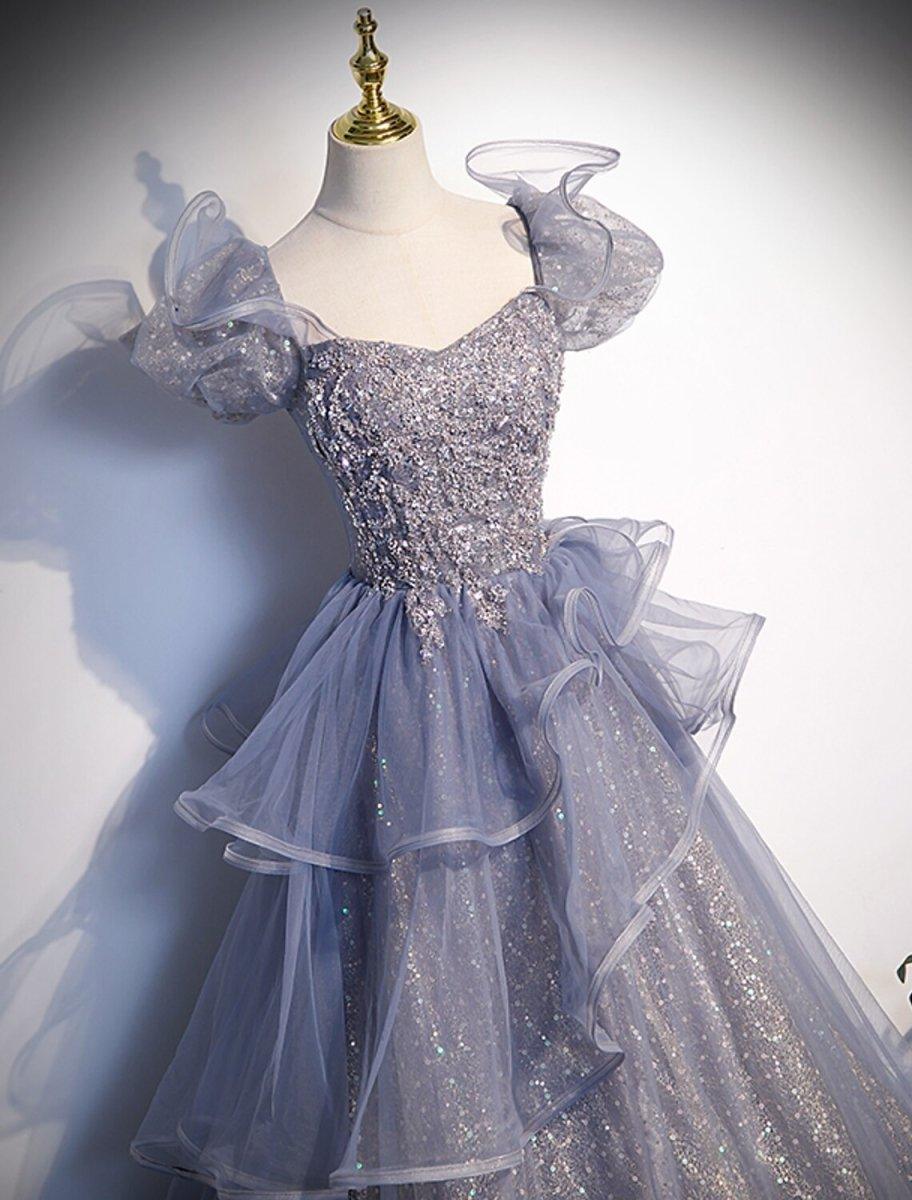 NumberSea - Ball Gown Quinceanera Dresses Princess Dress Performance Sweet 16 Floor Length Short Sleeve Square Neck Tulle with Crystals Ruffles