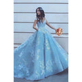 NumberSea - Ball Gown Sky Blue Tulle Appliques Long Prom Dress with Pockets