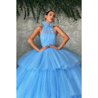 NumberSea - Ball Gown Sky Blue Tulle High Neck Long Prom Dress Formal Evening Gowns