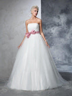 NumberSea - Ball Gown Strapless Bowknot Sleeveless Long Net Wedding Dresses