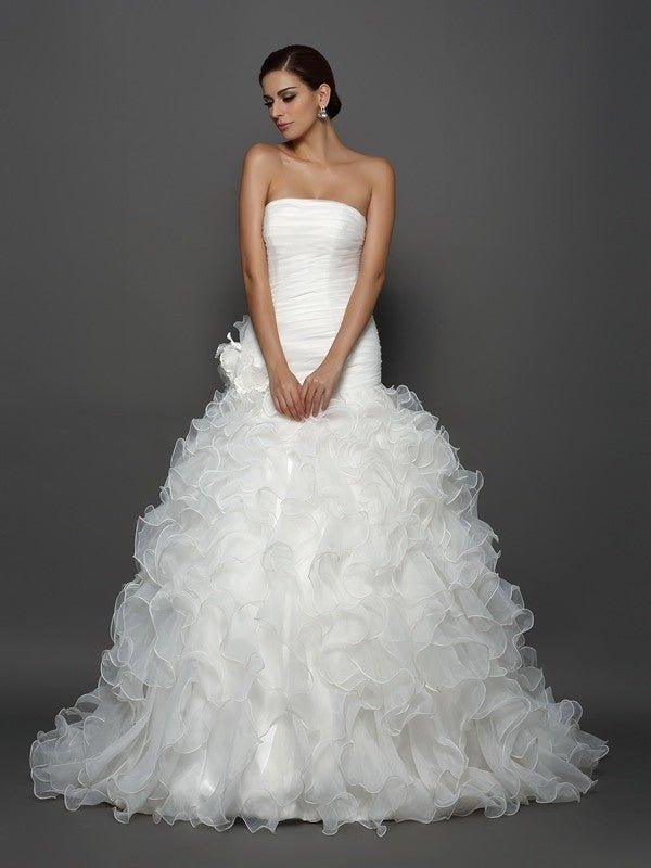 NumberSea - Ball Gown Strapless Hand - Made Flower Sleeveless Long Organza Wedding Dresses