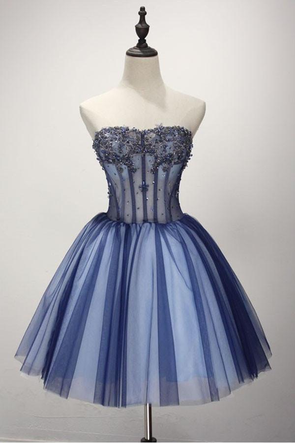 Ballkleid Trägerloses Kurzes Tüll Homecoming Kleid Mit Perlen