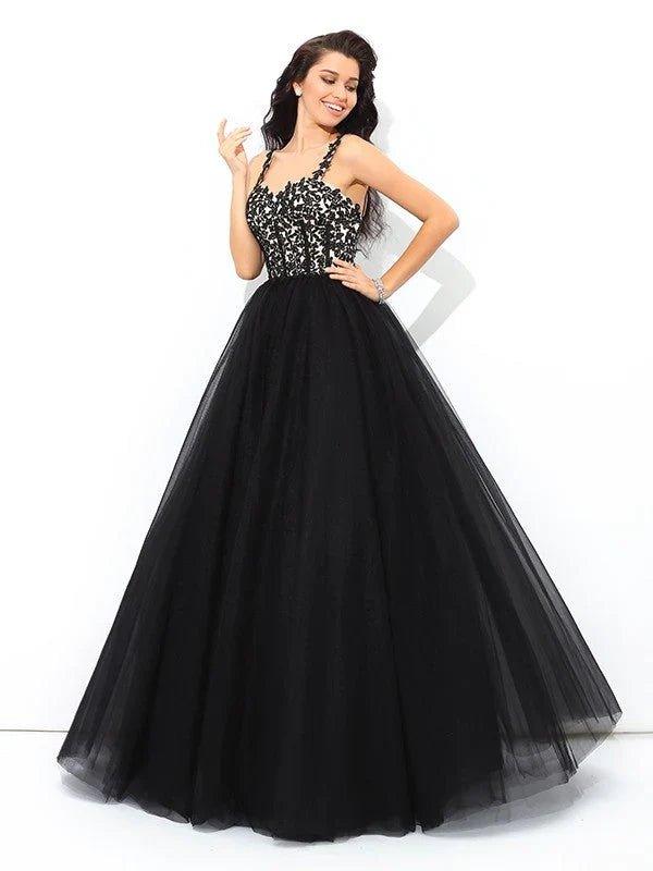 NumberSea - Ball Gown Straps Applique Sleeveless Long Net Quinceanera Dresses TPP0002196