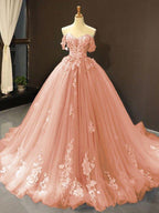 NumberSea - Ball Gown Tulle Off - the - Shoulder Sleeveless Applique Chapel Train Dresses