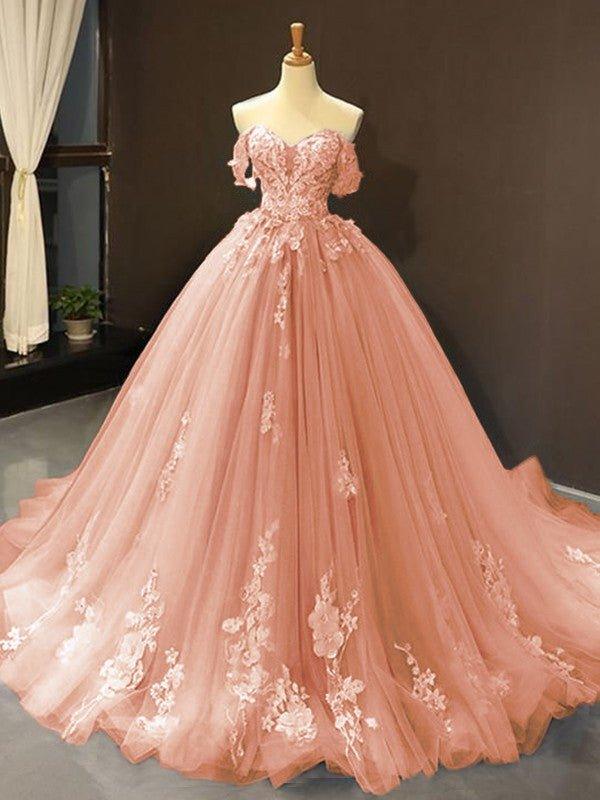 NumberSea - Ball Gown Tulle Off - the - Shoulder Sleeveless Applique Chapel Train Dresses