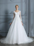 NumberSea - Ball Gown V - neck Long Sleeves Court Train Lace Tulle Wedding Dresses