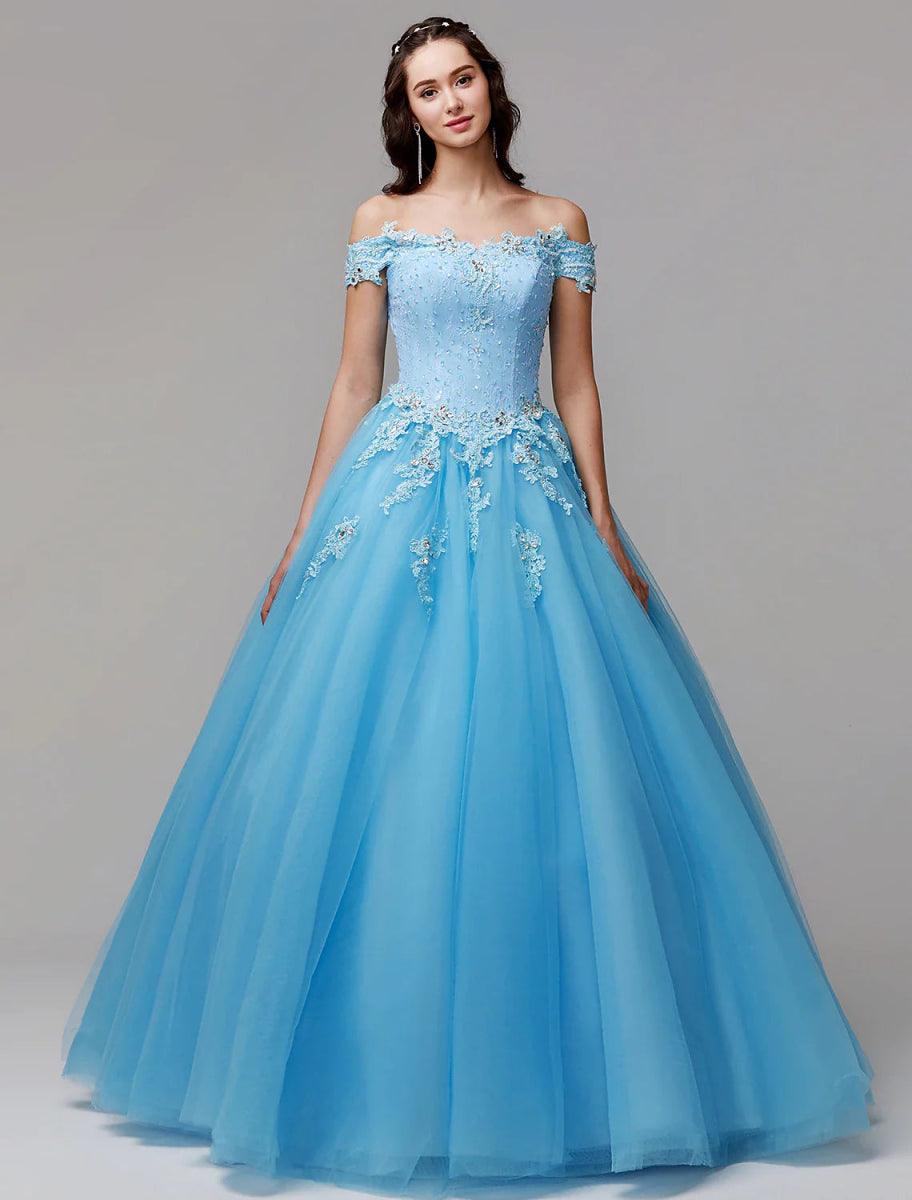 NumberSea - Ball Gown Vintage Inspired Dress Formal Evening Floor Length Sleeveless Off Shoulder Lace with Crystals Appliques