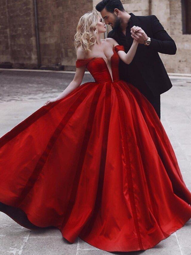 NumberSea - Ball Gown Vintage Sexy Engagement Formal Evening Valentine's Day Dress Off Shoulder Sleeveless Sweep / Brush Train Satin with Pleats