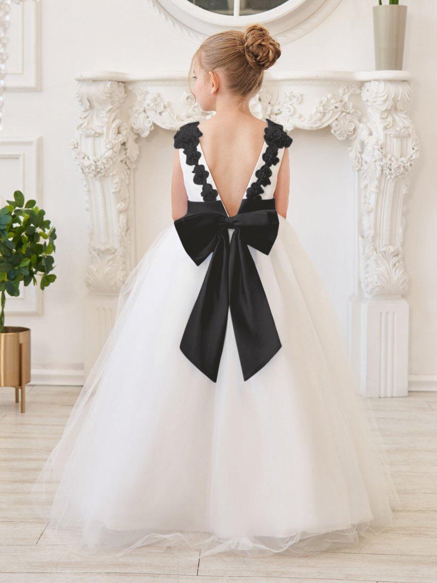 ivory and black flower girl dresses Princess Ivory Satin Tulle Black Lace Sleeveless Wedding Flower Girl Dress 9T --- Chest = 28 inches/ Waist = 27 inches/ Hollow to knee = 28.5 inches