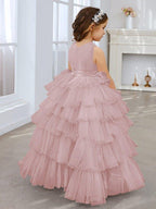 NumberSea - Ball - Gown/Princess Pearl Pink Sleeveless Tulle Bow Flower Girl Dress (010220814)