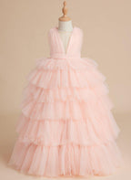 NumberSea - Ball - Gown/Princess Pearl Pink Sleeveless Tulle Bow Flower Girl Dress