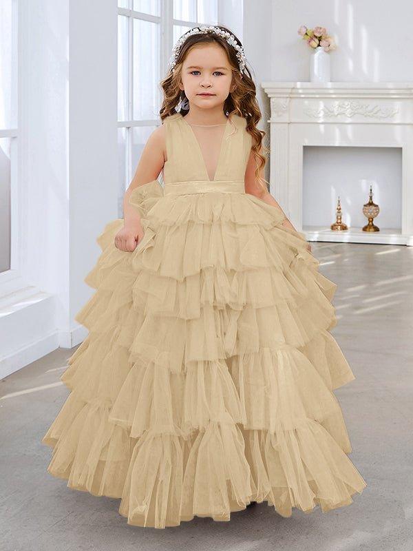 NumberSea - Ball - Gown/Princess Pearl Pink Sleeveless Tulle Bow Flower Girl Dress