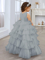 NumberSea - Ball - Gown/Princess Pearl Pink Sleeveless Tulle Bow Flower Girl Dress