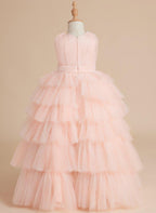 NumberSea - Ball - Gown/Princess Pearl Pink Sleeveless Tulle Bow Flower Girl Dress