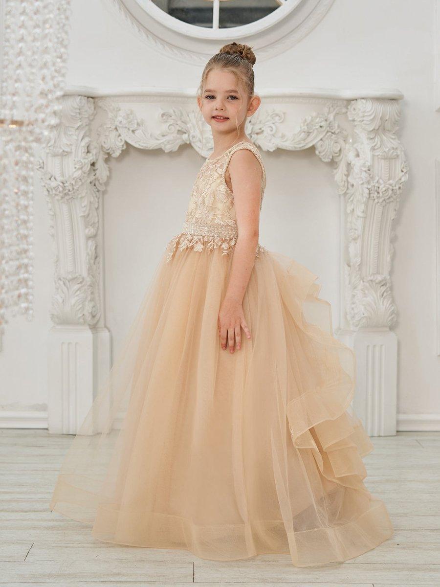 Ball-Gown/Princess Tulle Sweep Train Champagne Flower Girl Dress Champagne / 2T Ball-Gown/Princess Tulle Sweep Train Champagne Flower Girl Dress Champagne / 2T