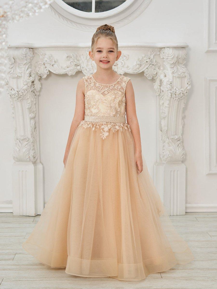 green emerald velvet dress Cute Sleeveless Floral Lace Champagne Flower Girl Dress Champagne / 5 main image 0