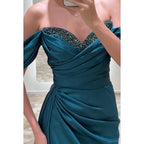 NumberSea - Bateau Off - Shoulder Beaded Ruched Satin Sheath Long Prom Evening Gown