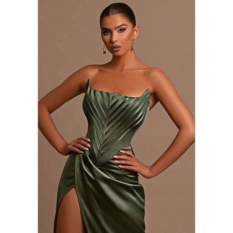 NumberSea - Bateau Strapless Ruched Sheath Long Prom Evening Dress With Slit