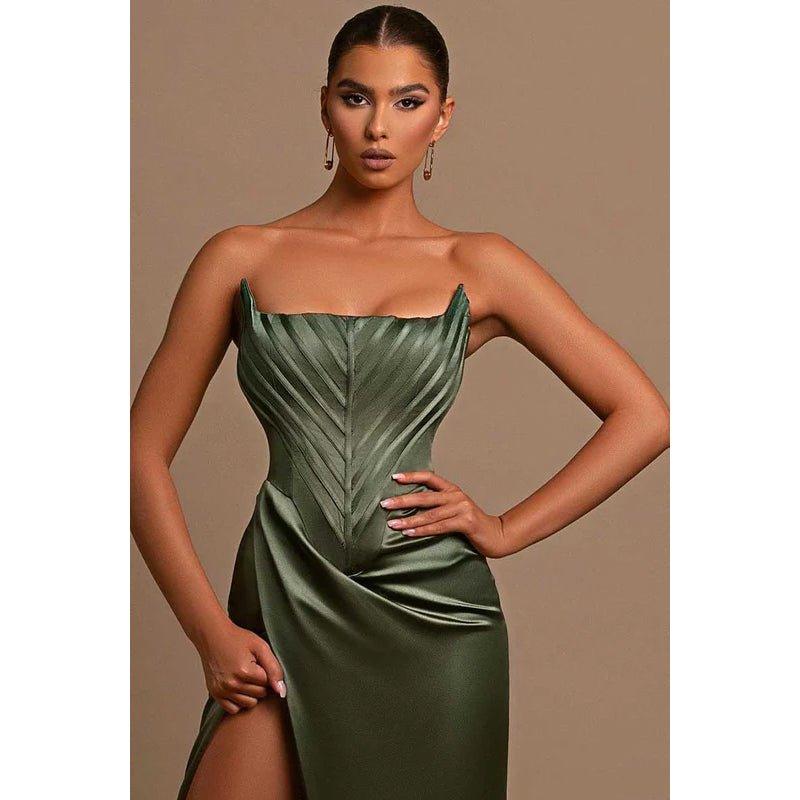 NumberSea - Bateau Strapless Ruched Sheath Long Prom Evening Dress With Slit