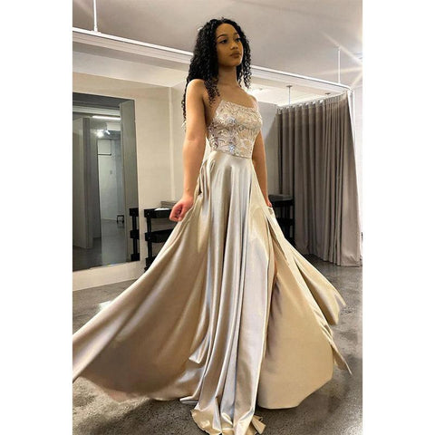 Damen A-Linie Ballkleid mit Spaghettiträgern, Spitzenapplikationen und Schlitz 