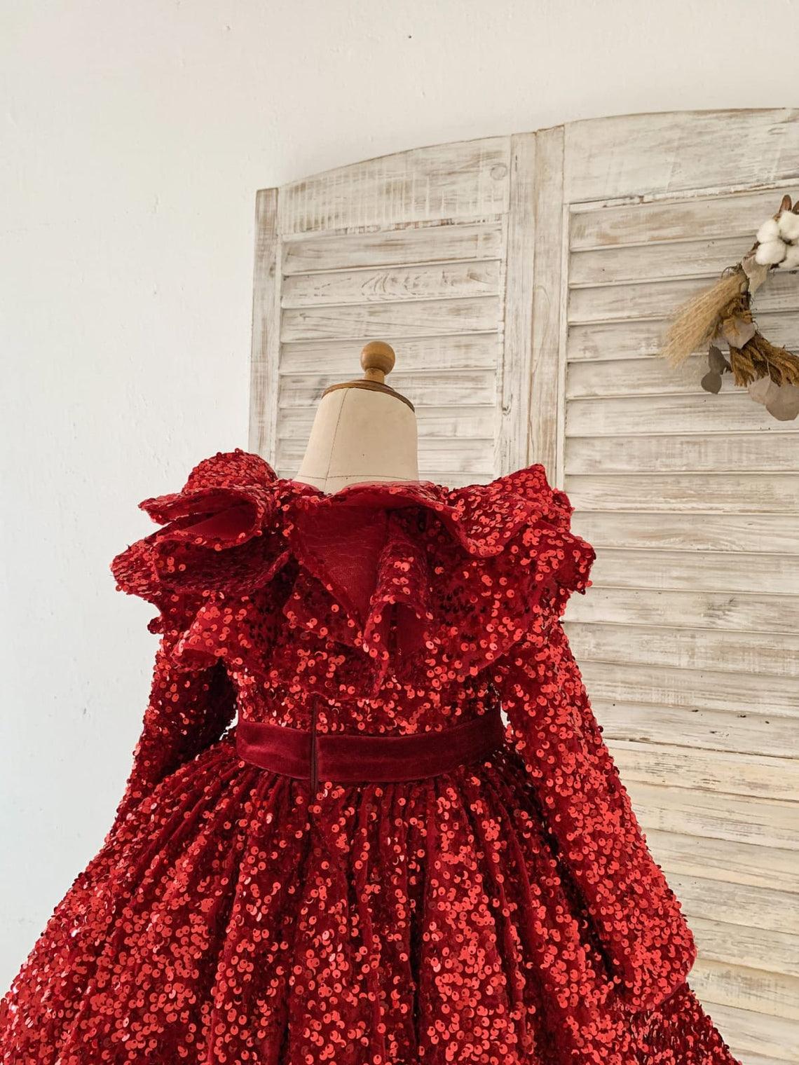 Vestido de niña burdeos hasta la rodilla de terciopelo con lentejuelas 