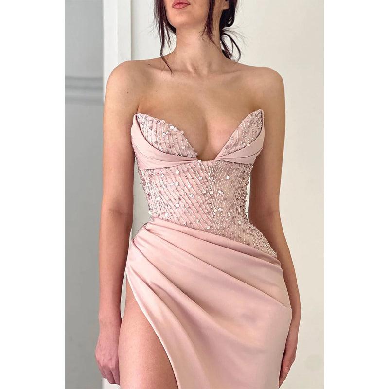 Vestido de fiesta largo plisado de satén con escote en V y abertura alta sexy